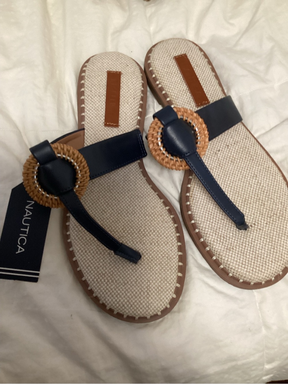 Nautica Navy Thong Sandals with Natural Woven Accent